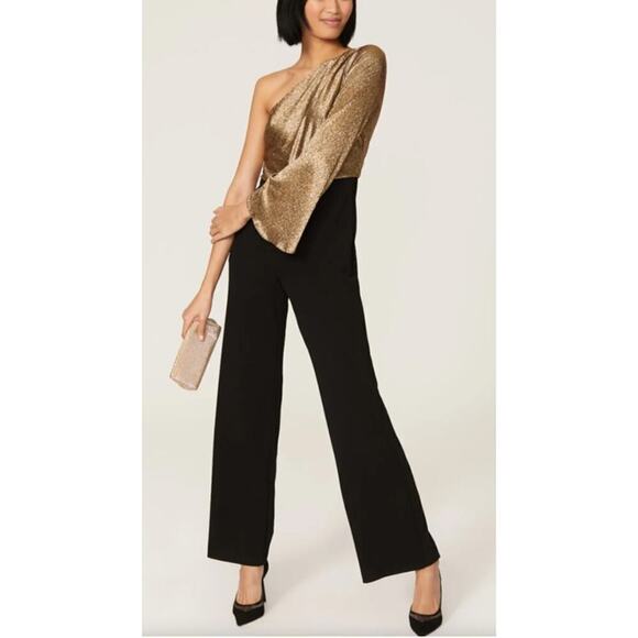 Lauren Ralph Lauren Copper One Shoulder Jumpsuit Gold Black 12 - Picture 1 of 15